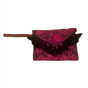 Bohemian Flower Embroidered Tassel Navy Blue Fuchsia Clutch with Suede Strap